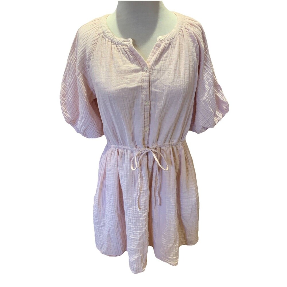 Old Navy Pink Crinkle Cloth Gauze Mini Dress Sz Medium Poof Sleeves Summer Gauzy